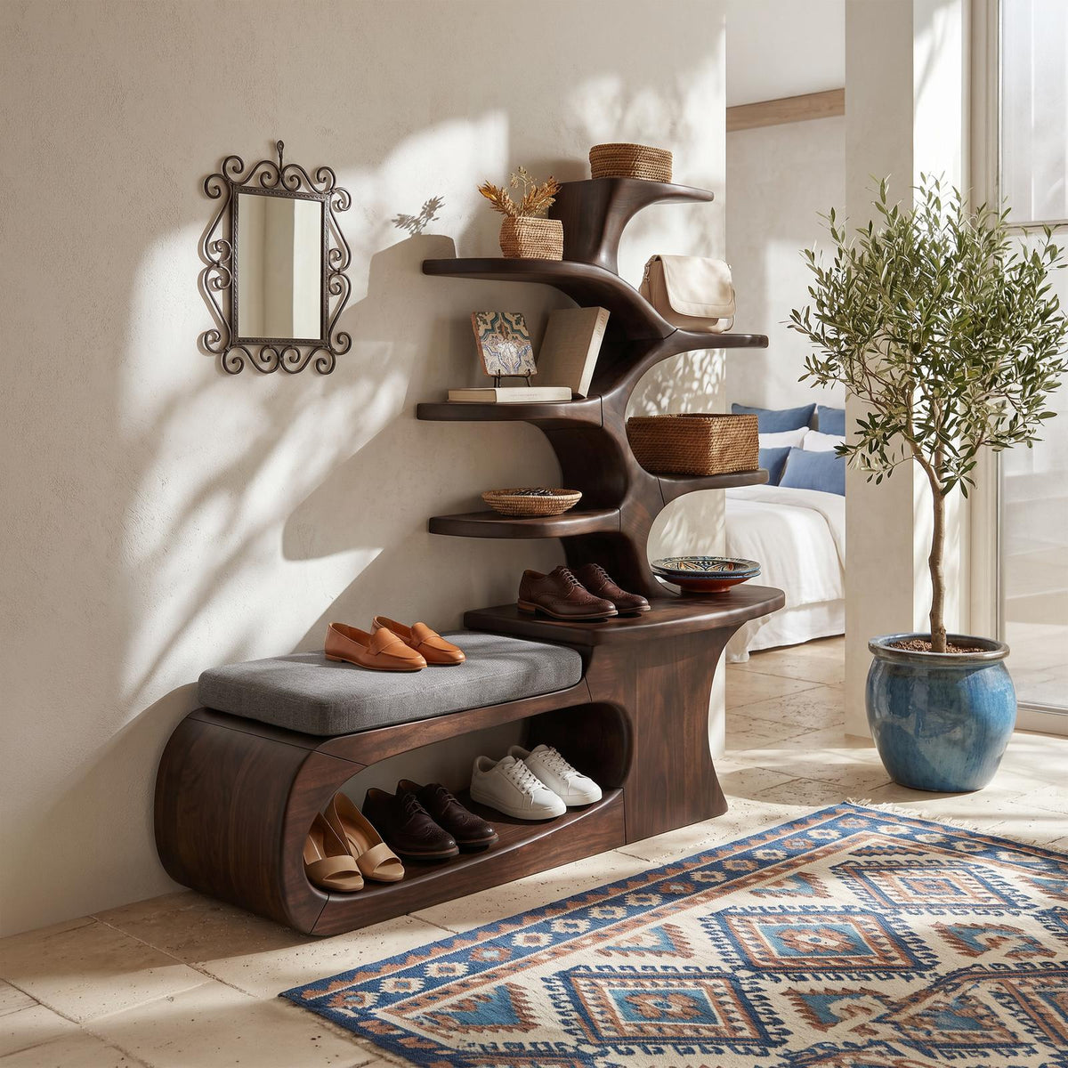Japandi Solid Wood Shoe Rack Bench, Handcrafted Entryway Storage Shelf & Hallway Closet Organizer Stand