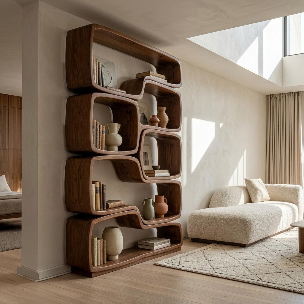 Contemporary Sculptural Natural Wood Bookshelf, Handcrafted Solid Wood Bookcase for Modern Living Room & Office