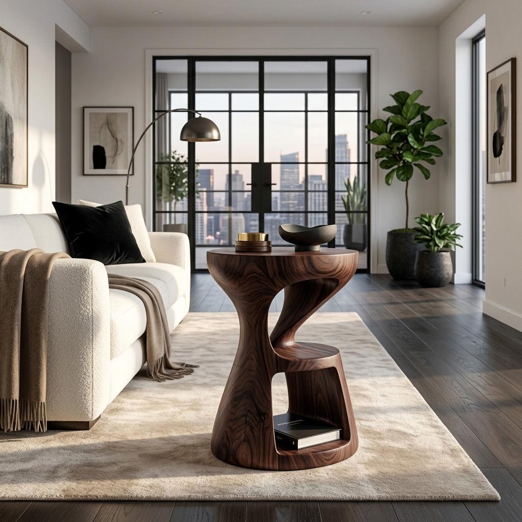 Modern Sculptural Side Table, Handcrafted Solid Wood End Table & Nightstand for Living Room Lounge, Model