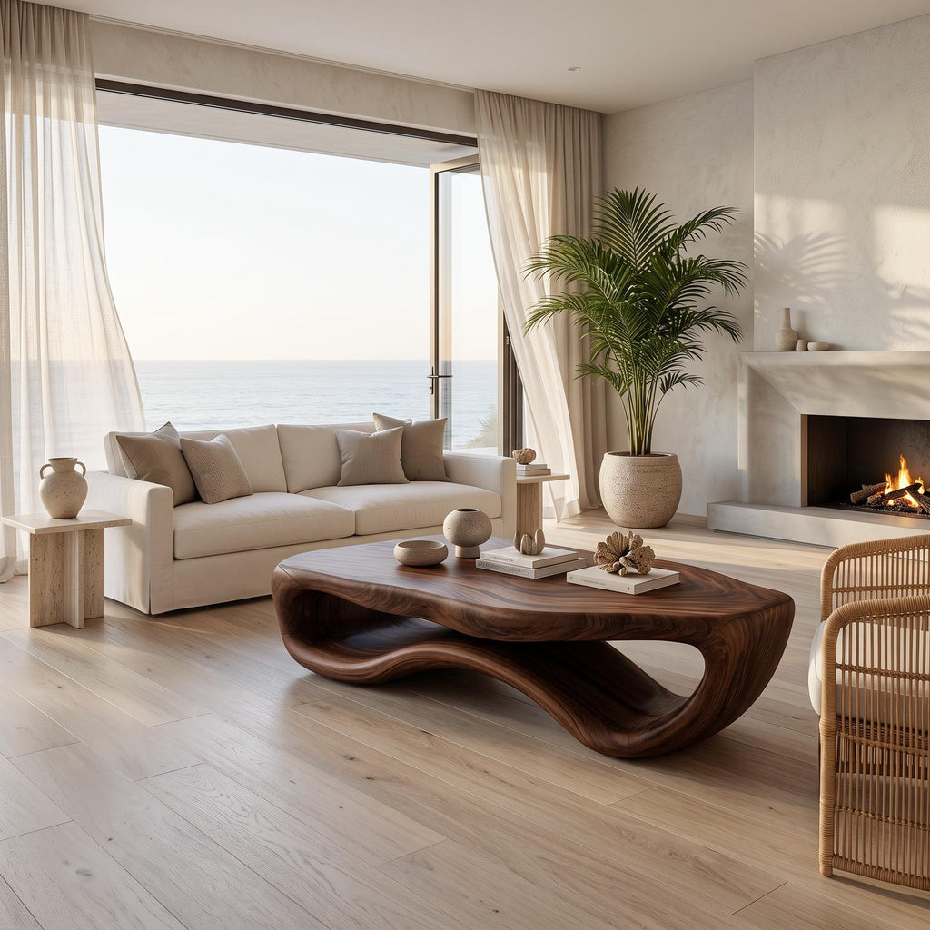 Artistic Wooden Coffee Table with Curved Form, Handcrafted Solid Wood Living Room Center Table, Model