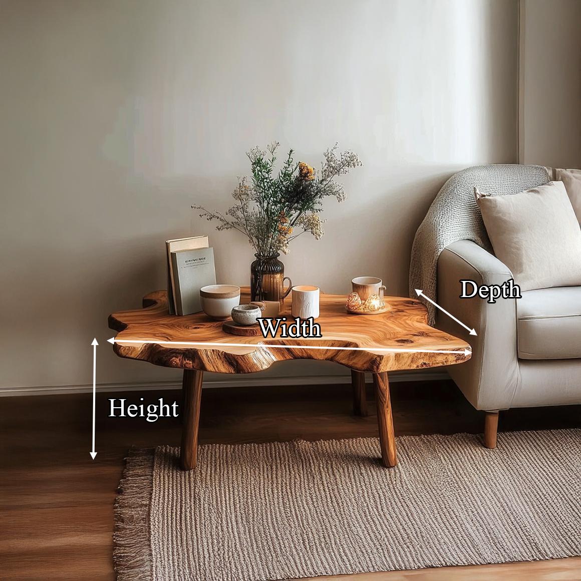 Rustic Handcrafted Solid Wood Coffee Table, Natural Live Edge Slab Centerpiece Table for Reading Room, Living Room