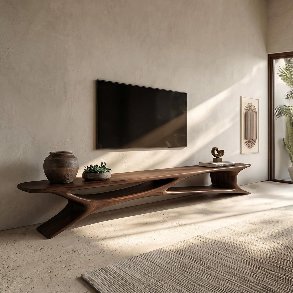 Handcrafted Sculptural Wooden TV Stand For Living Room