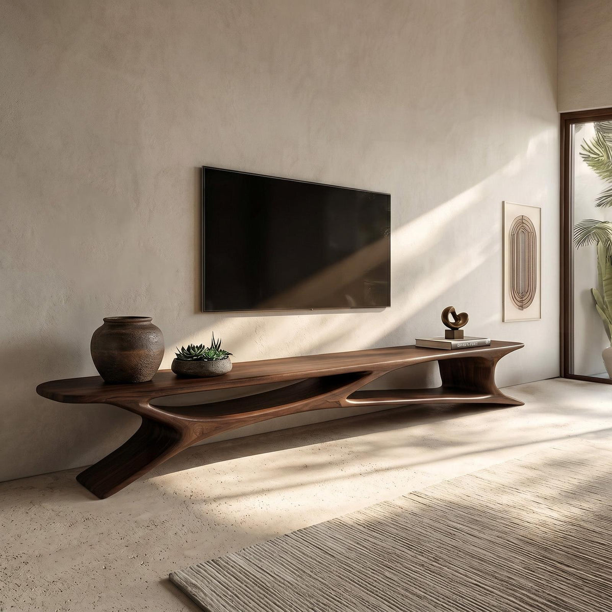 Handcrafted Sculptural Wooden TV Stand For Living Room