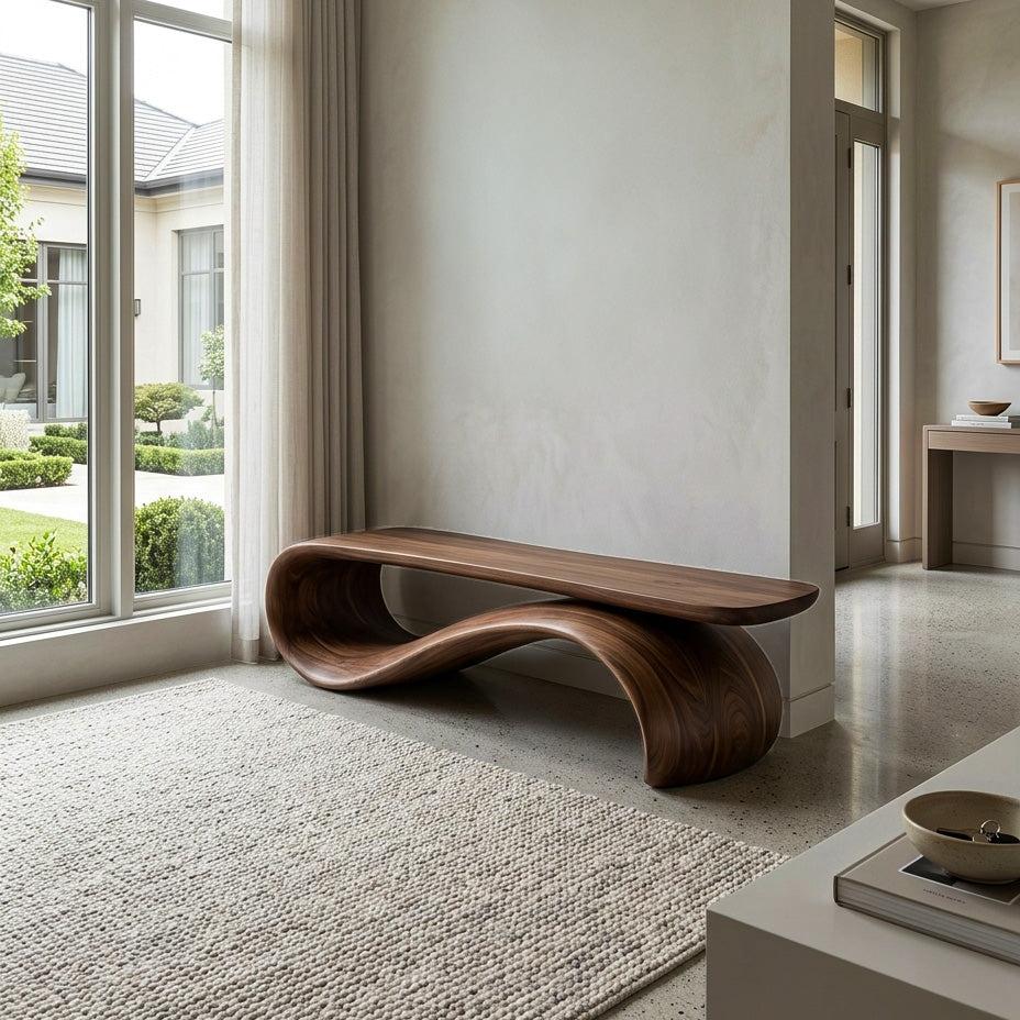 Modern Sculptural Wood Bench, Contemporary Entryway Hallway Seating, Unique Timber Dining Accent Bench