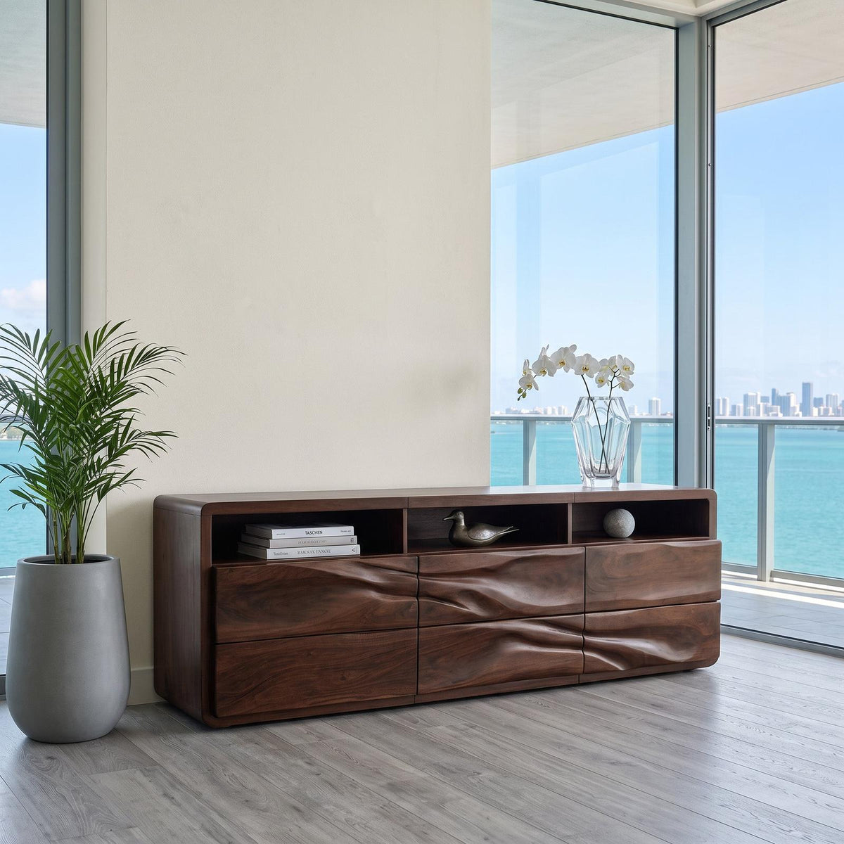 Organic Wave Carved Wood Sideboard, Handcrafted Solid Wood Credenza Storage Cabinet for Modern Living Room, Model