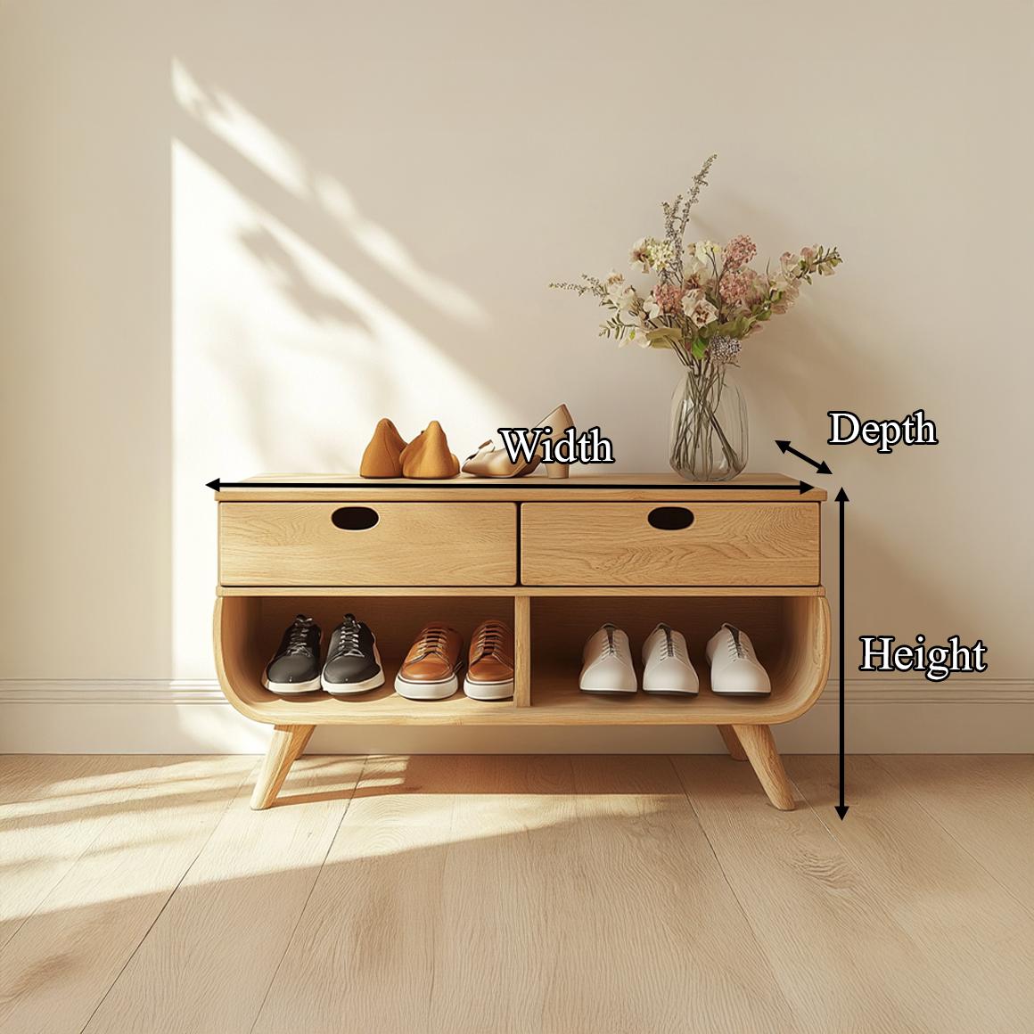 Mid Century Modern Organic Shoe Cabinet, Solid Wood Entryway Storage Organizer Bench for Hallway, Living Room