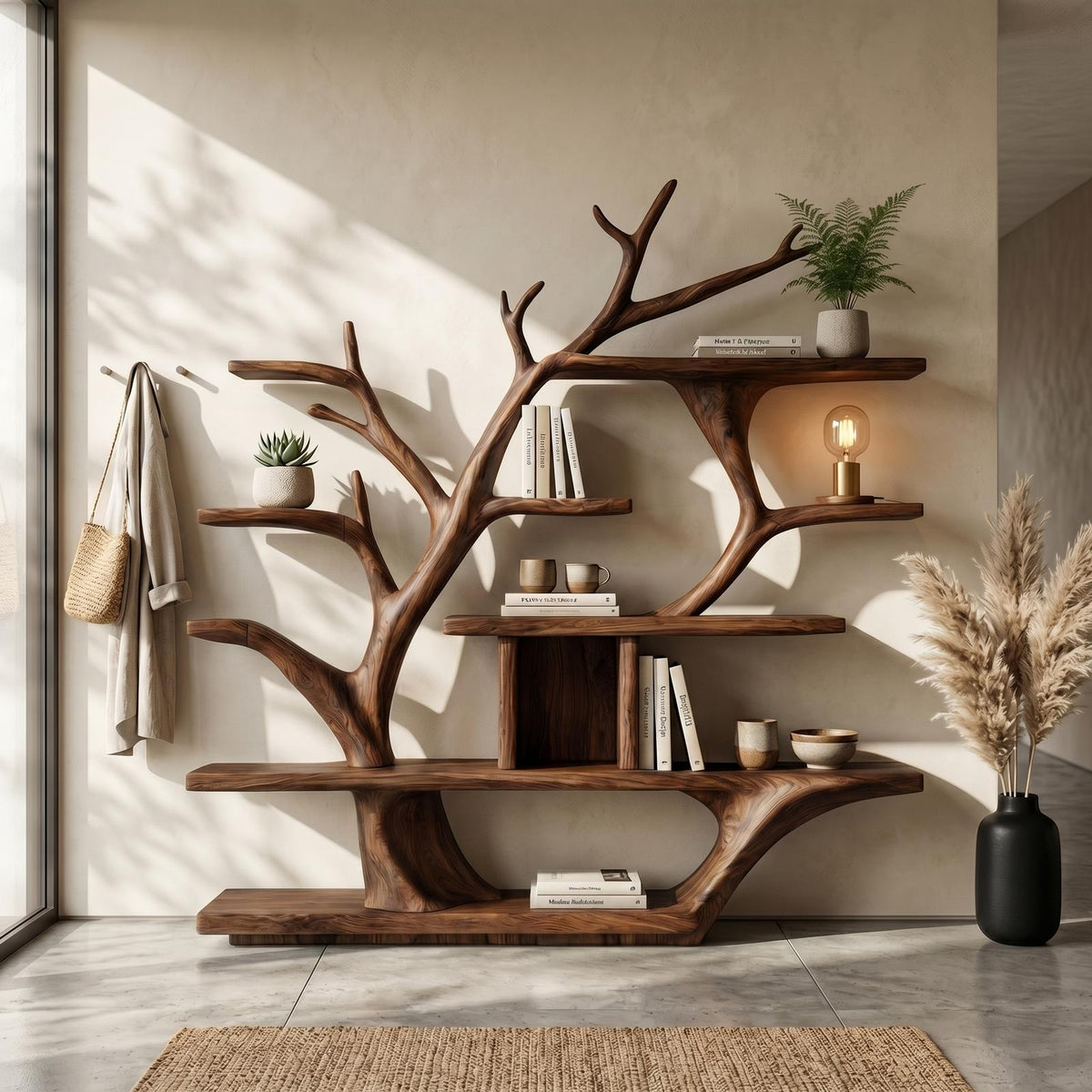 Modern Organic Tree Bookshelf, Solid Wood Branch Design Bookcase & Display Shelf for Living Room Decor