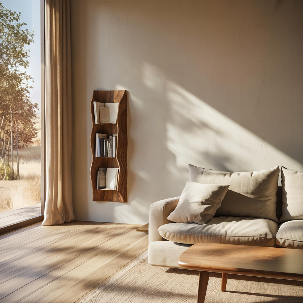 Organic Sculptural Wall Bookshelf, Handcrafted Floating Wood Storage Shelving for Living Space