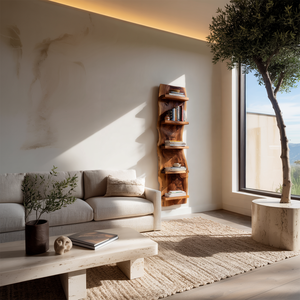 Organic Sculptural Accent Wall Bookshelf, Floating Wood Display Storage Shelving for Living Room