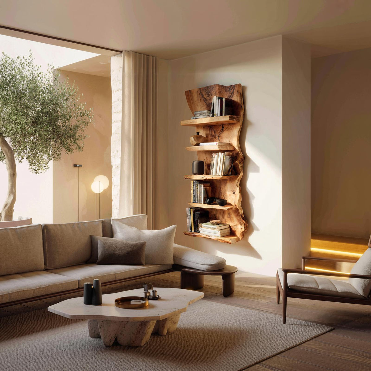 Organic Sculptural Wall Display Floating Shelf, Solid Wood Decorative Accent Ledge for Living Room