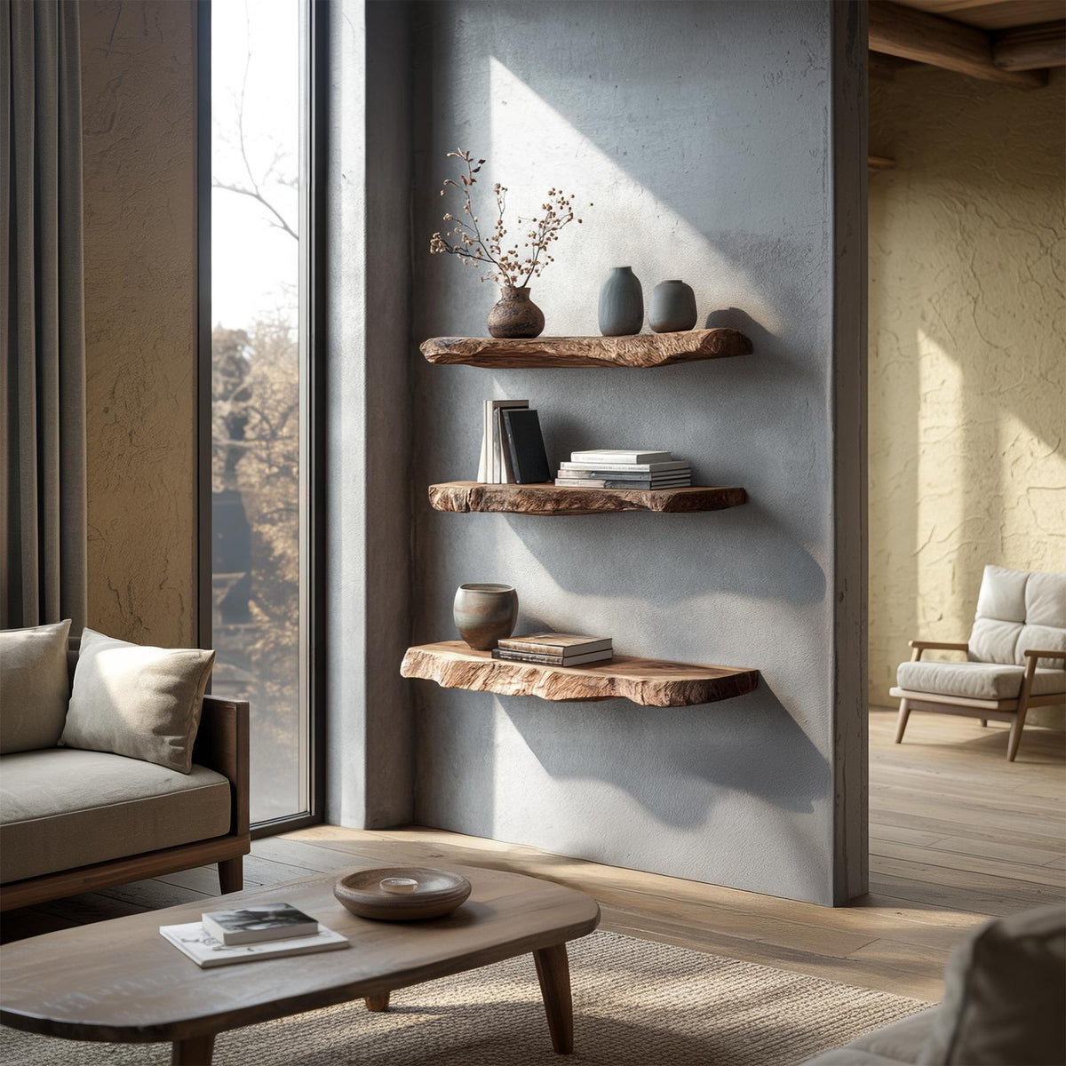 Rustic Organic Floating Shelf For Living Room Or Bedroom Wall