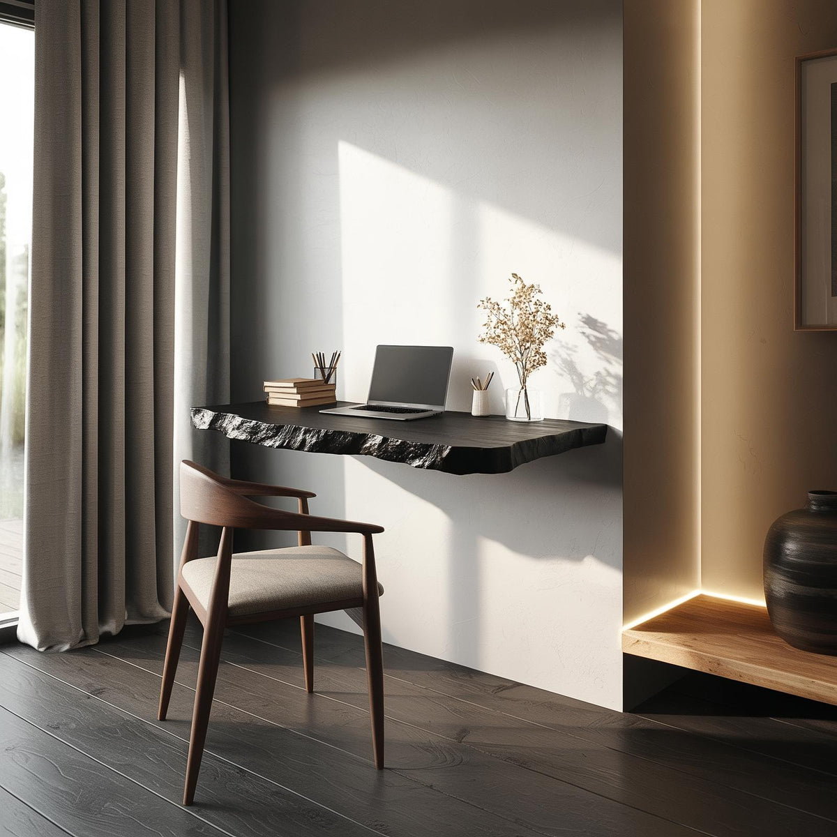 Rustic Wood Computer Floating Desk, Wall Mounted Compact Laptop Study Table for Minimal Home Office