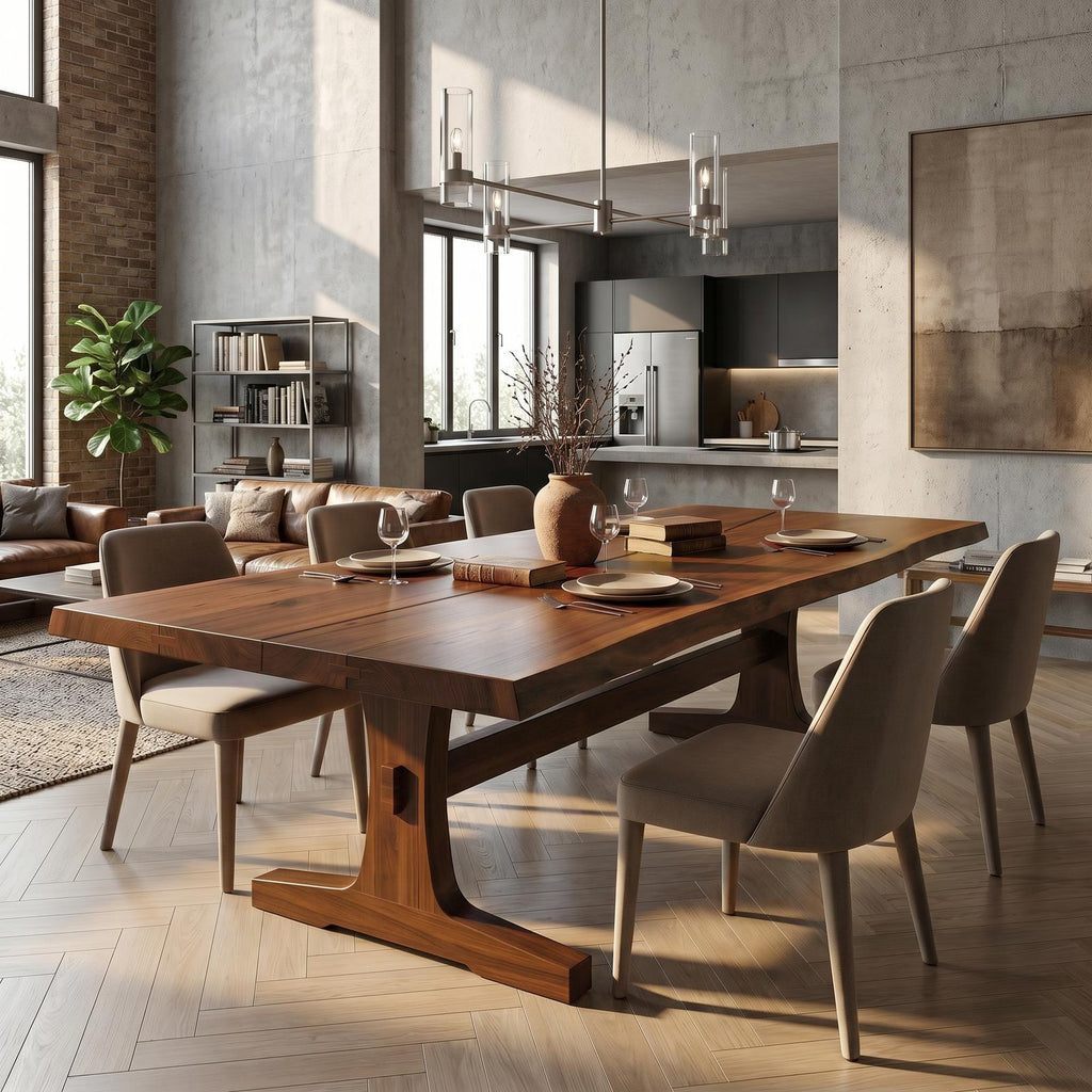 Organic Live Edge Dining Table with Waterfall Wood Base, Rustic Solid Wood Kitchen Table for Dining Room