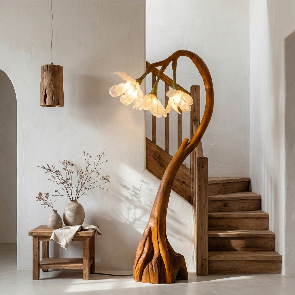 Floral Floor Lamp with Organic Wood Base, Handcrafted Flower Shape Tall Standing Reading Light for Cozy Living Room