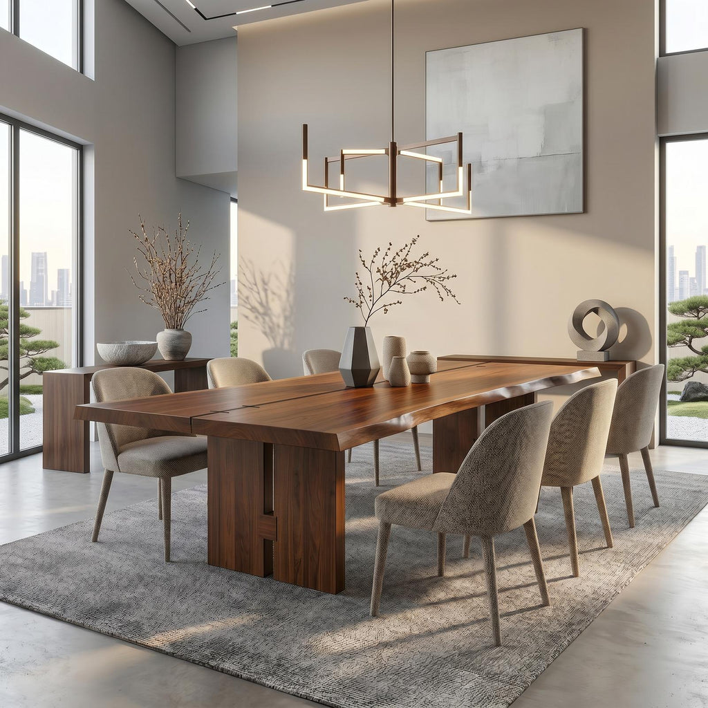 Sculptural Wood Dining Table with Chunky Pedestal Base, Round Solid Wood Kitchen Table for Dining Room