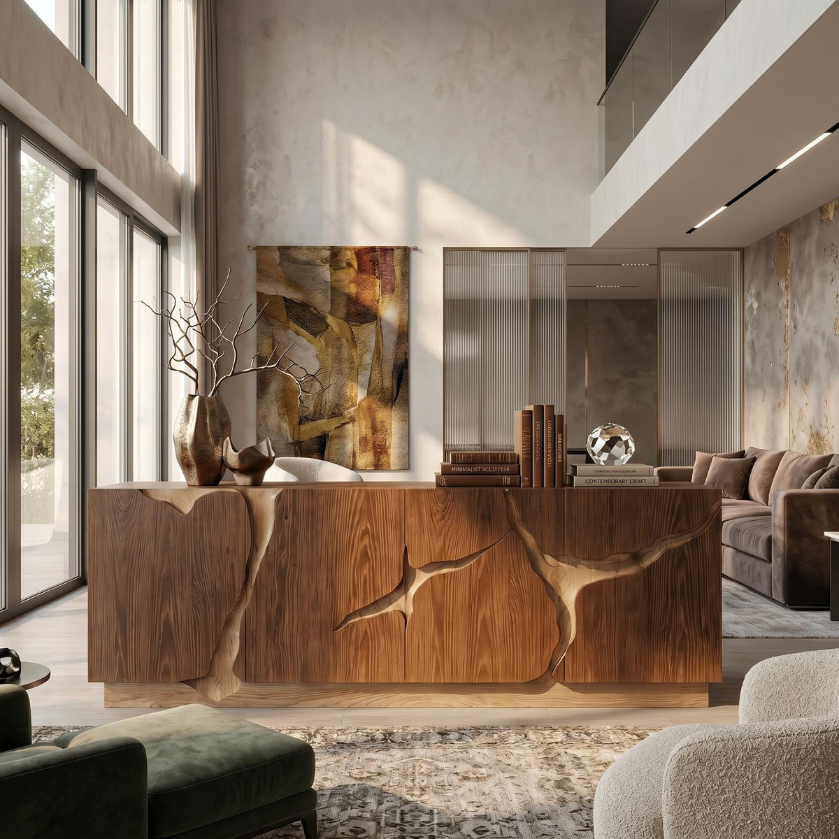 Organic Sideboard with Charred Wood Doors & Natural Live Edge Inlay, Shou Sugi Ban Buffet Credenza Console