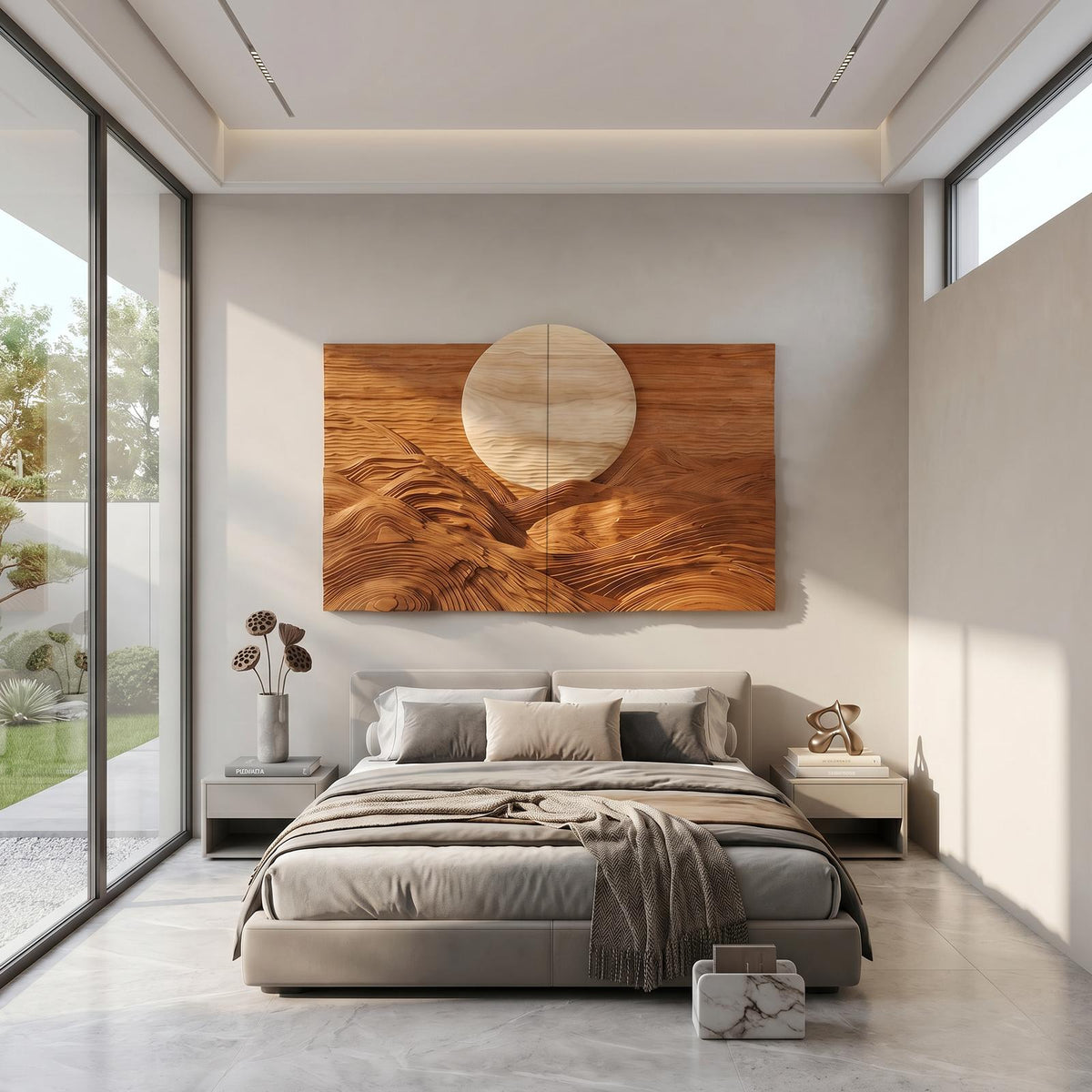 Rustic Mountain Sunrise Wooden Wall Art, 3D Carved Wood Landscape Scene Decor for Bedroom & Living Room
