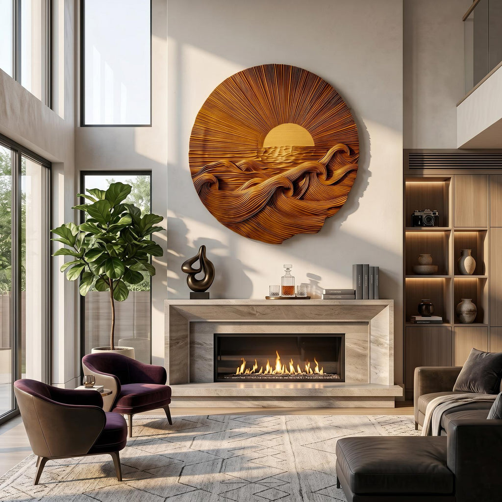 Organic Sunrise Wooden Wall Art, Carved Landscape Sunburst Panel Decor for Living Room, Entryway