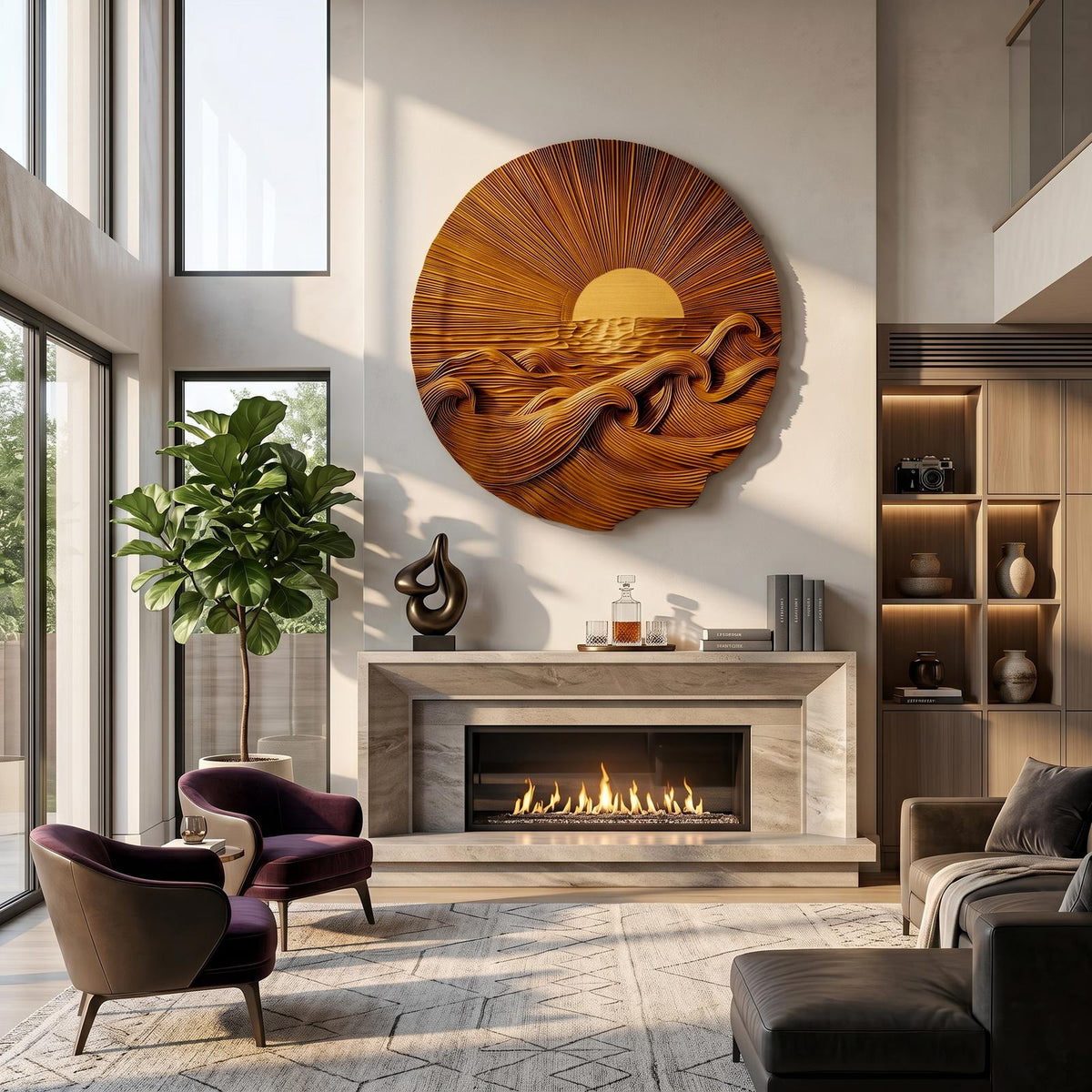 Organic Sunrise Wooden Wall Art, Carved Landscape Sunburst Panel Decor for Living Room, Entryway