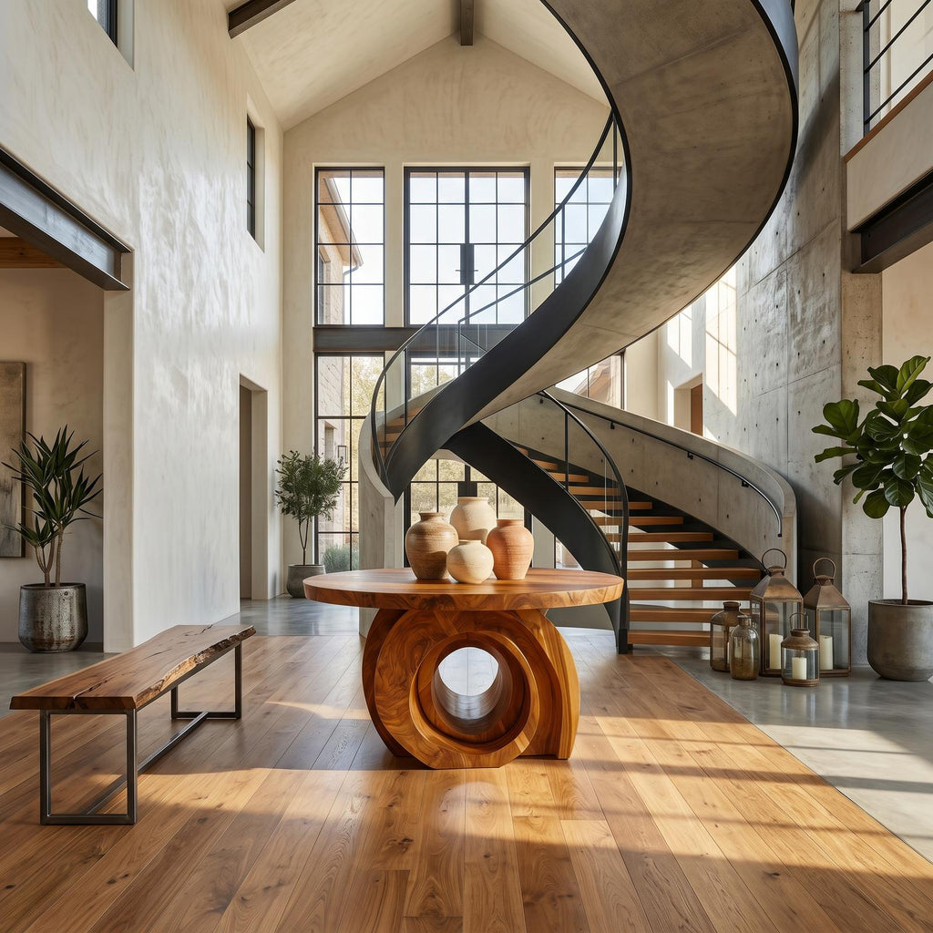 Modern Round Foyer Table, Sculptural Ring Pedestal Solid Wood Entryway & Hallway Accent Table