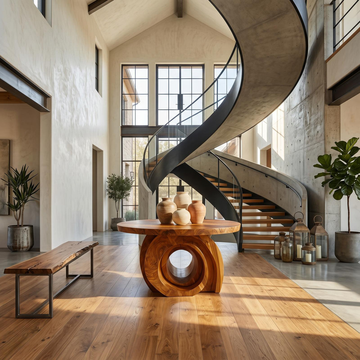 Modern Round Foyer Table, Sculptural Ring Pedestal Solid Wood Entryway & Hallway Accent Table