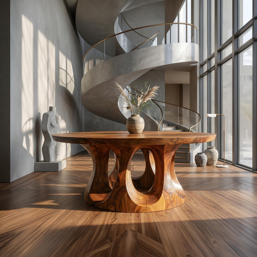 Organic Round Foyer Table, Sculptural Dual Ring Pedestal Entryway & Hallway Console Table