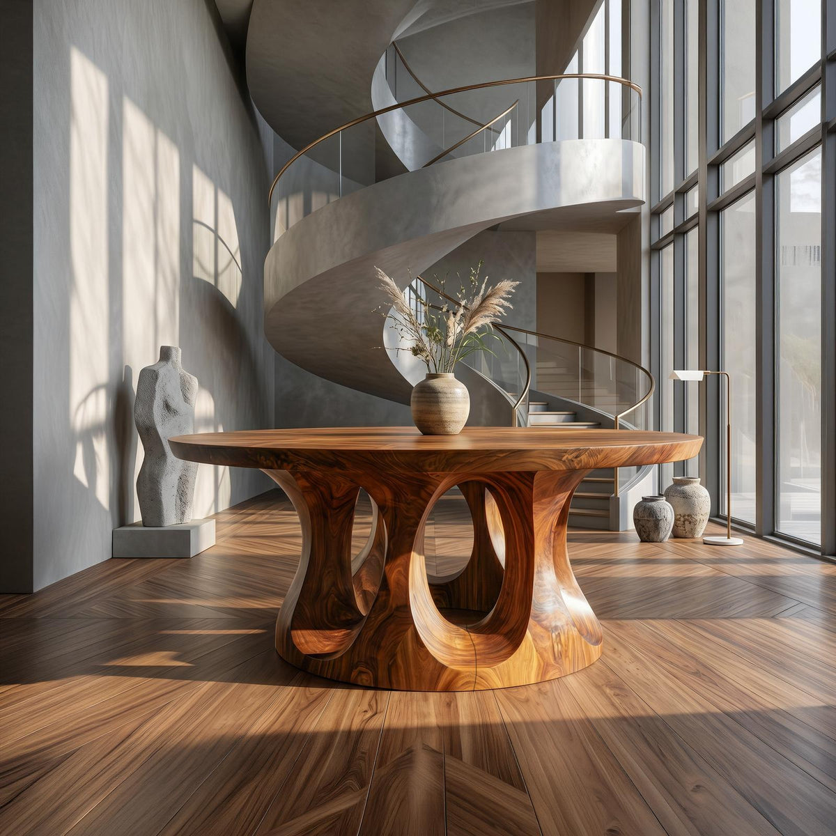 Organic Round Foyer Table, Sculptural Dual Ring Pedestal Entryway & Hallway Console Table