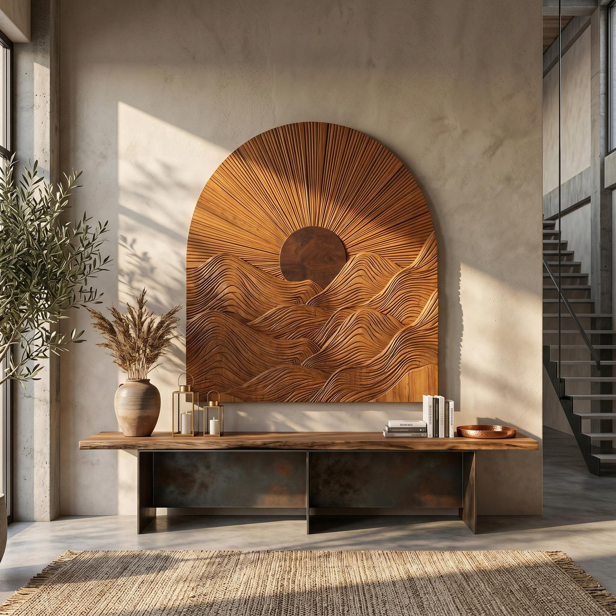 Sunburst Wall Art, Round Sculptural Wooden Relief Panel Decor for Living Room, Bedroom & Entryway