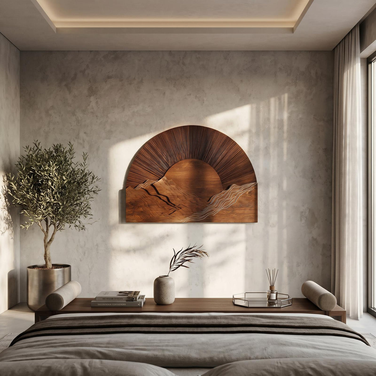 Half Moon Wall Art, Sunburst Carved Wood Panel Decor for Modern Living Room, Hallway and Entryway