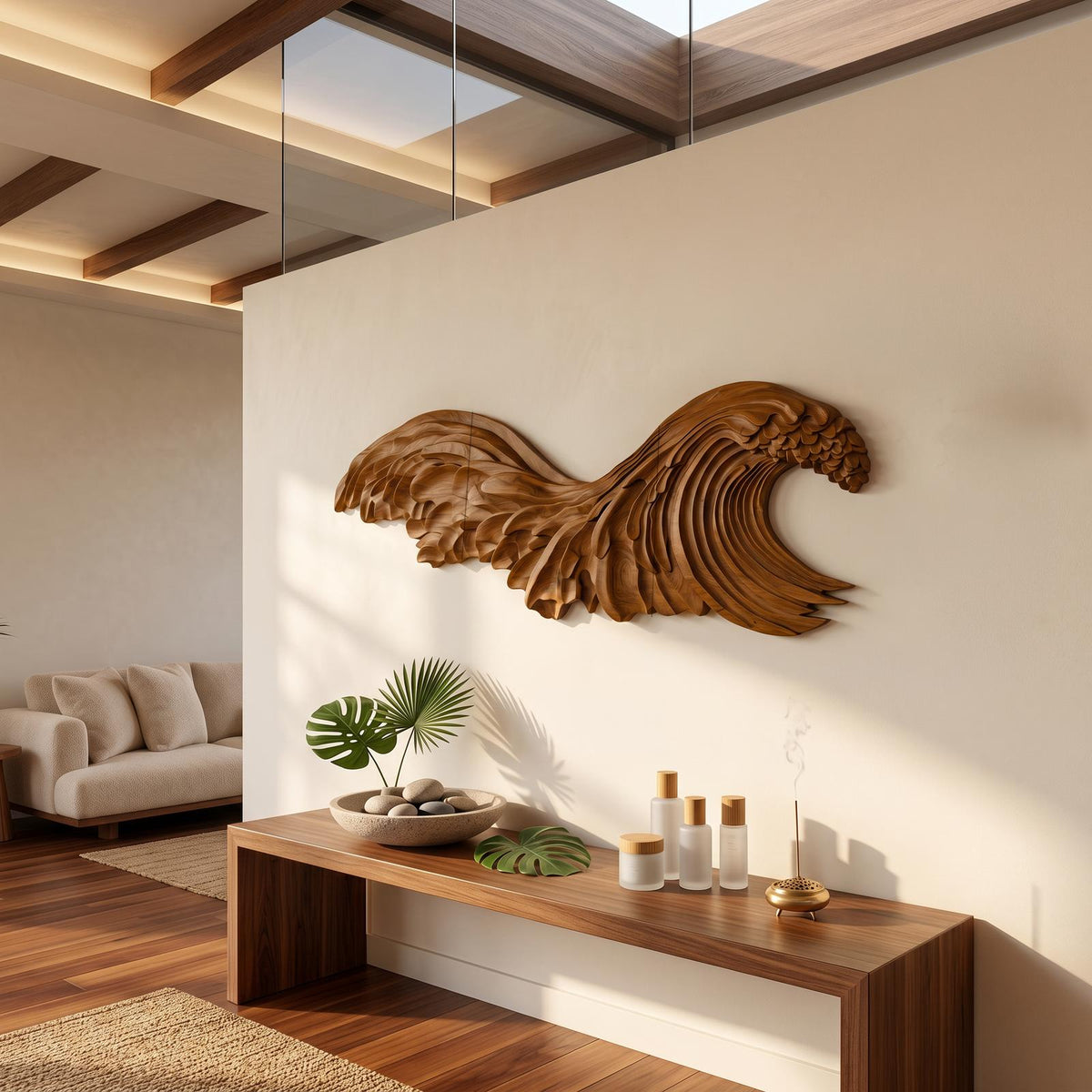 Ocean Wave Wooden Wall Art, Handcrafted Sculptural Carved Wood Hanging Decor for Living Room and Bedroom