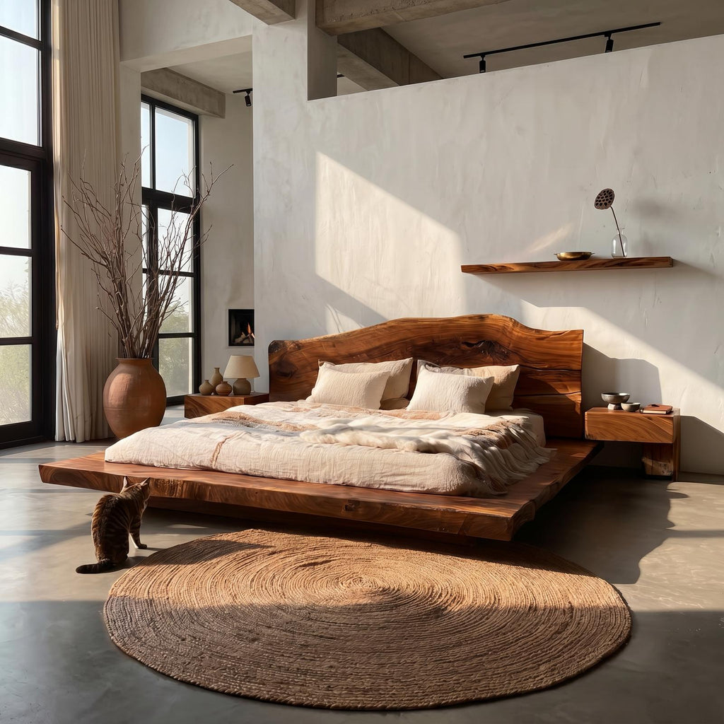 Spry Interior Modern Platform Bed Frame, Low Profile Solid Wood Slats Bed with Headboard for Bedroom Furniture, SINLSAWB126