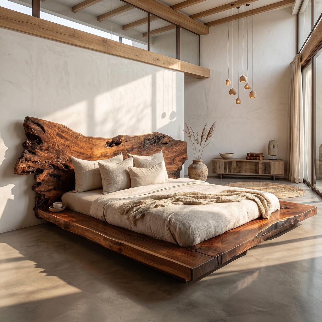Spry Interior Contemporary Low Profile Bed Frame, Handcrafted Solid Wood Headboard Platform Bed, King Queen Bedroom Furniture Frame, SINLSAWB129