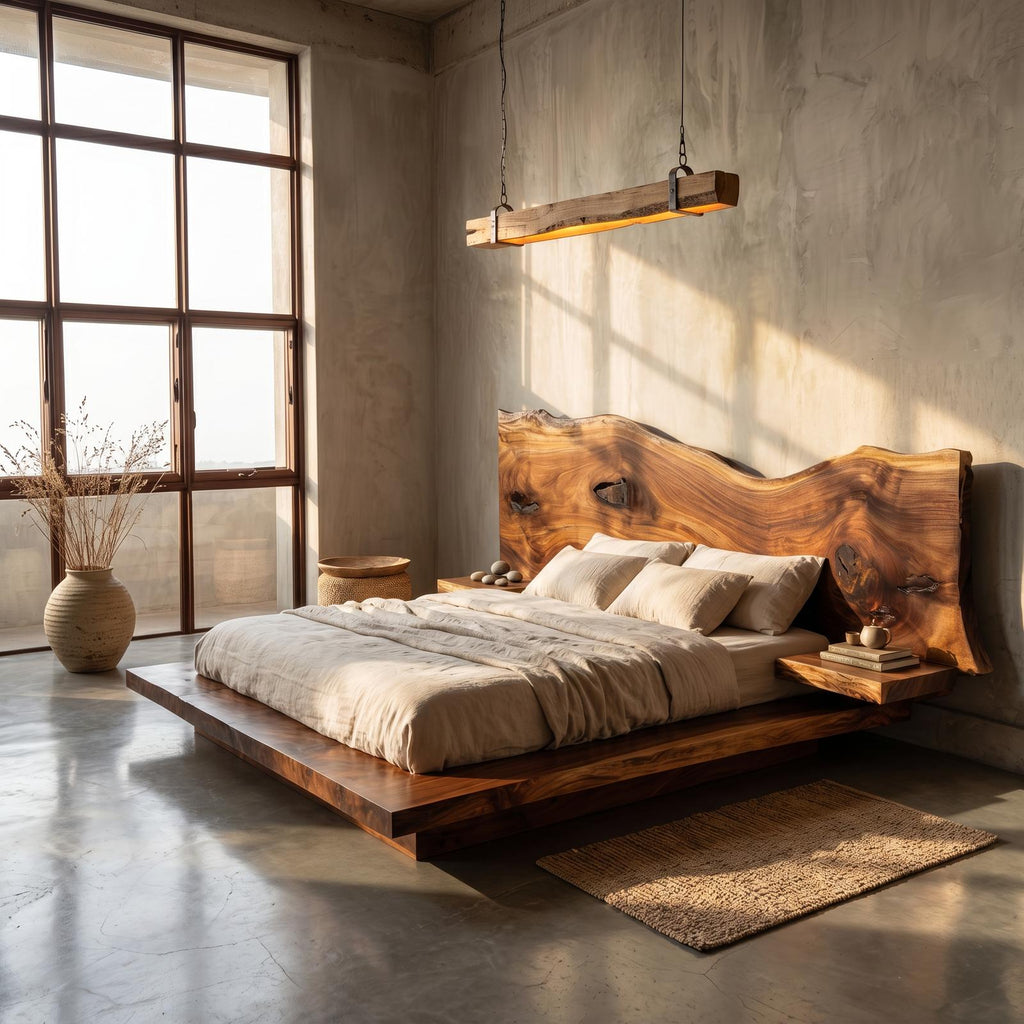 Spry Interior Modern Solid Wood Bed Frame, Handcrafted Floating Platform Bed Frame with Headboard, Bedroom Furniture King Queen Size, SINLSAWB134