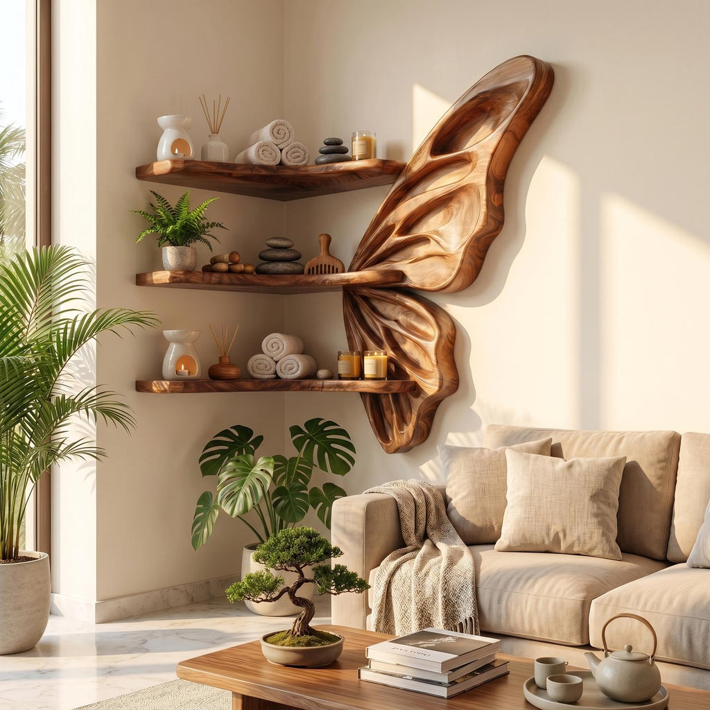 Organic Butterfly Wooden Wall Shelf, Handcrafted Floating Display Tiered Rack for Nursery, Bedroom & Living Room Decorative Storage