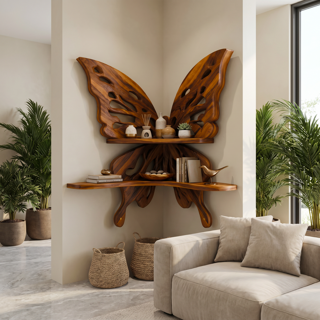 Butterfly-Inspired Floating Shelf, Sculptural Live Edge Wood Wall Shelf for Living Room, Bedroom & Entryway Decor