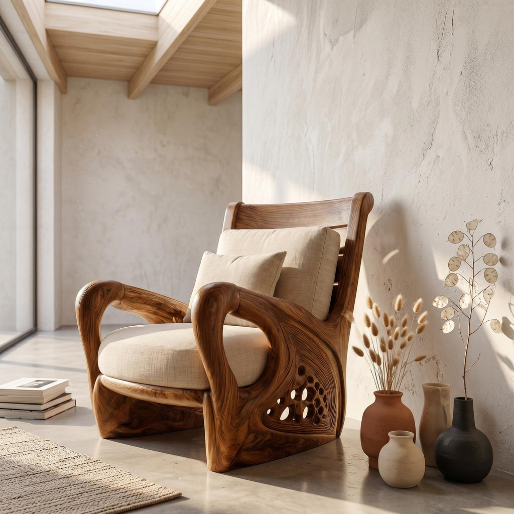 Nature Inspired Wooden Accent Armchair, Sculptural Lounge Chair for Living Room Relax