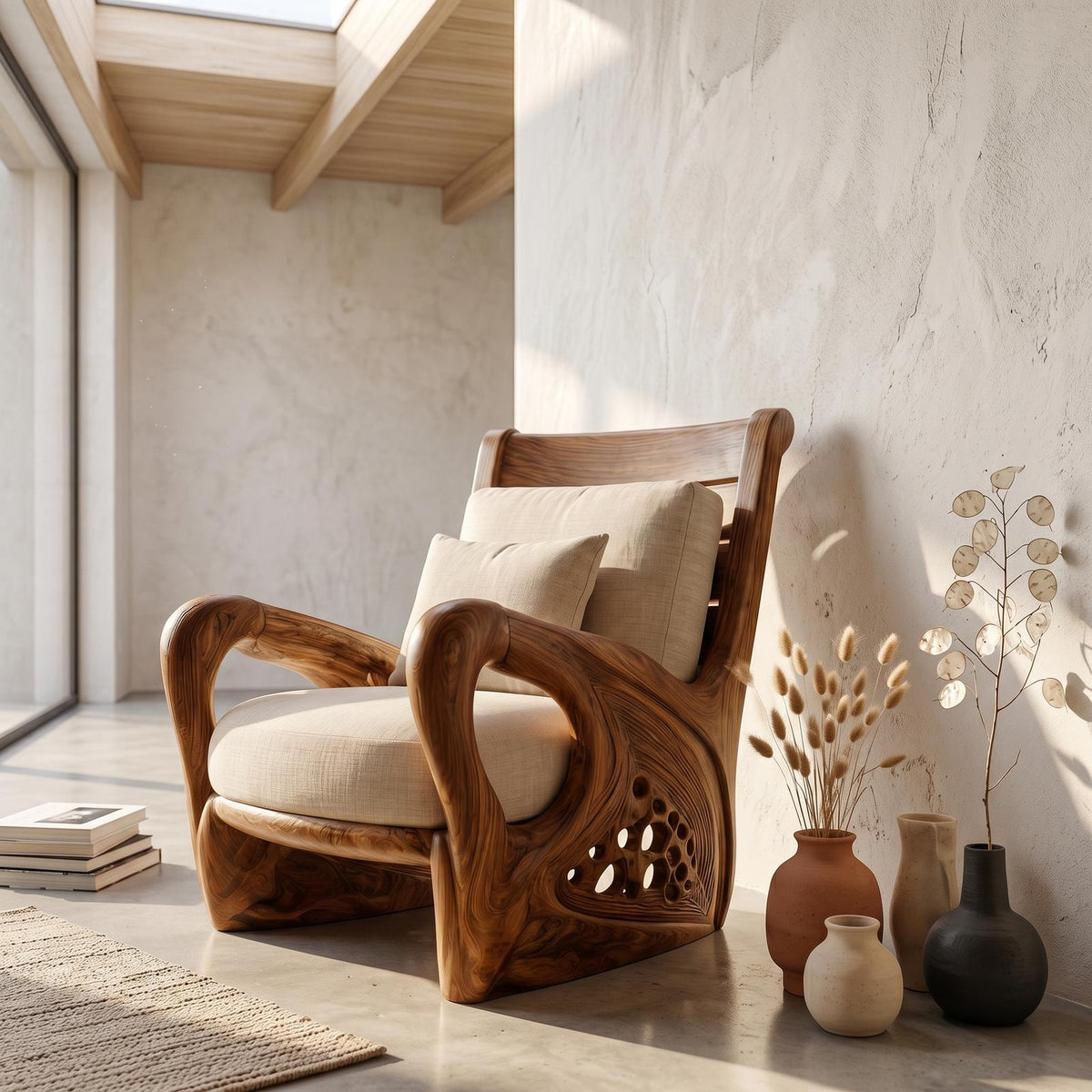 Nature Inspired Wooden Accent Armchair, Sculptural Lounge Chair for Living Room Relax