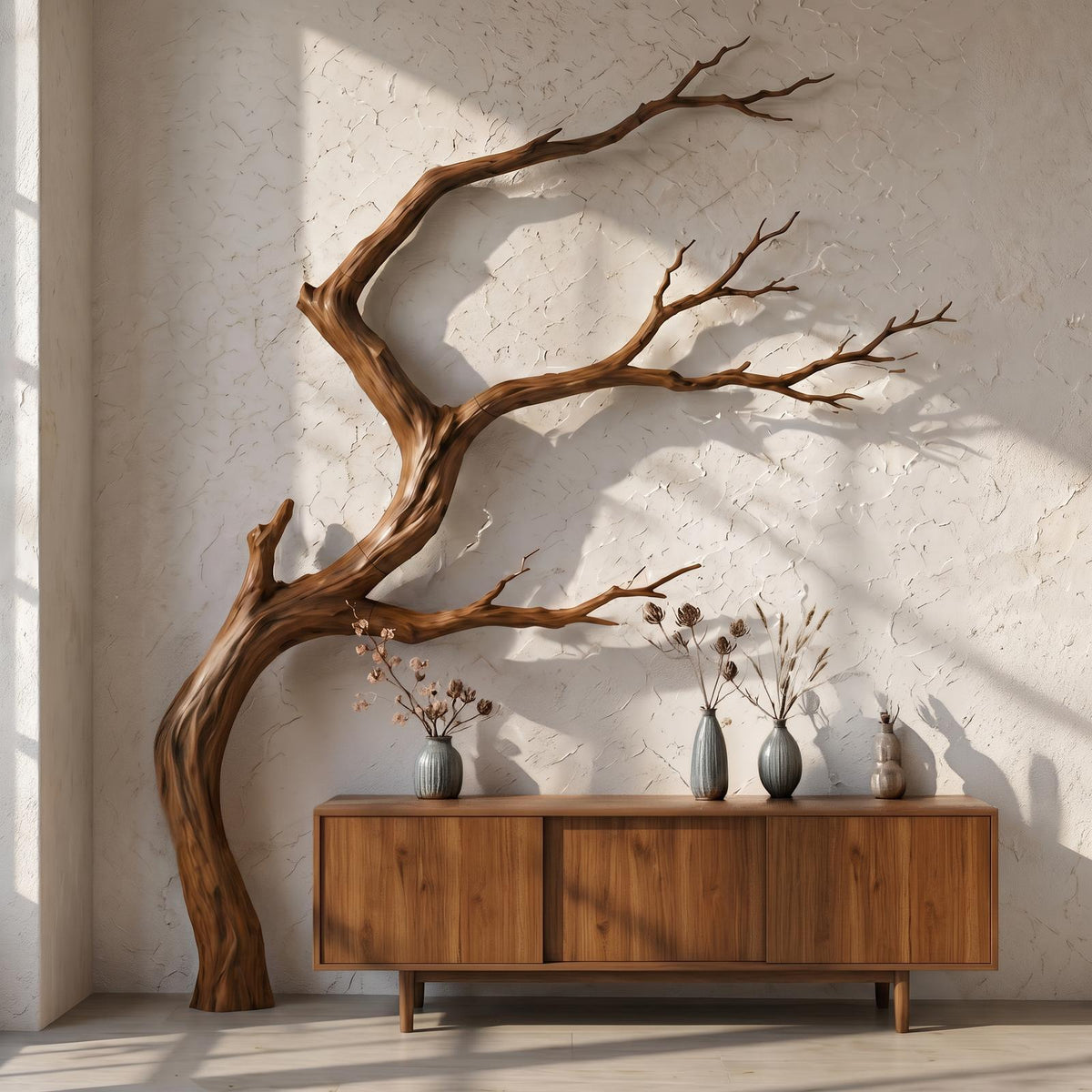 Organic Wood Wall Decor, Sculptural Tree Branch Form Hanging Nature Art for Living Room