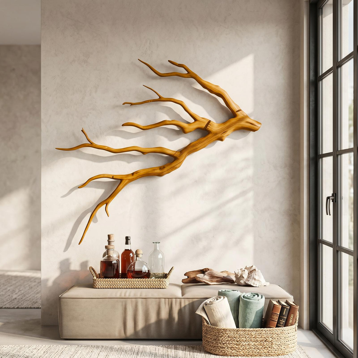Sculptural Tree Branch Wood Wall Art, Handcrafted Rustic Driftwood Wall Hanging Decor for Home, Model