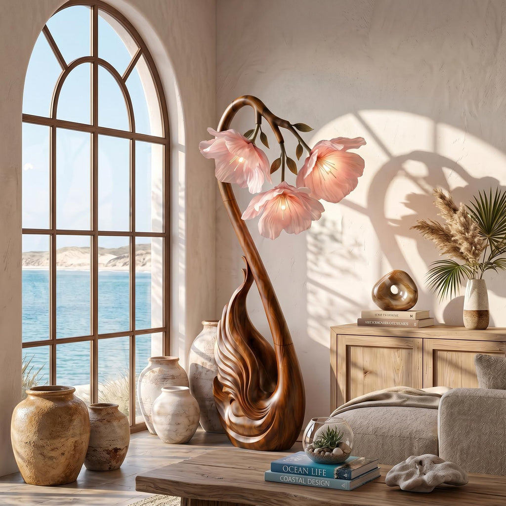 Modern Wood Floor Lamp, Handcrafted Sculptural Flower Shape Standing Accent Light for Living Room, Model