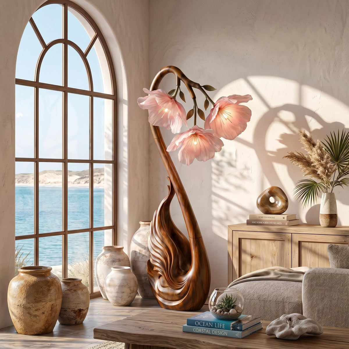 Modern Wood Floor Lamp, Handcrafted Sculptural Flower Shape Standing Accent Light for Living Room, Model