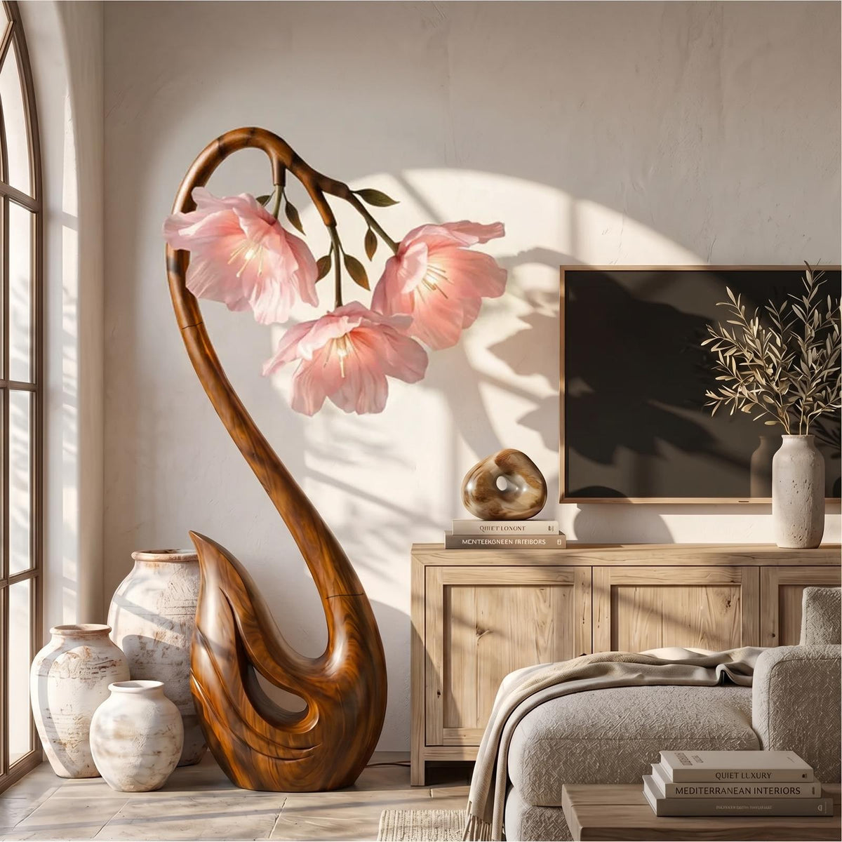 Sculptural Flower Floor Lamp, Handcrafted Organic Wood Blooming Rose Shape Standing Light for Bedroom, Model
