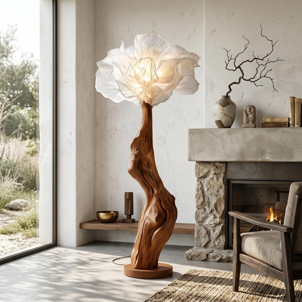 Nature Inspired Wood Floor Lamp, Handcrafted Artistic Flower Display Standing Light for Living Room, Model