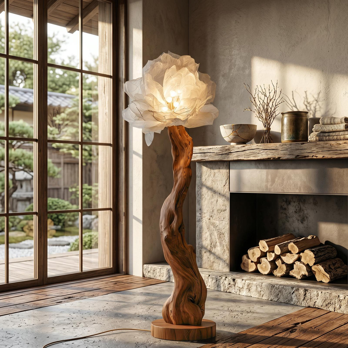 Organic Wood Standing Lamp, Handcrafted Sculptural Bloom Flower Design Tall Floor Lamp for Living Room, Model