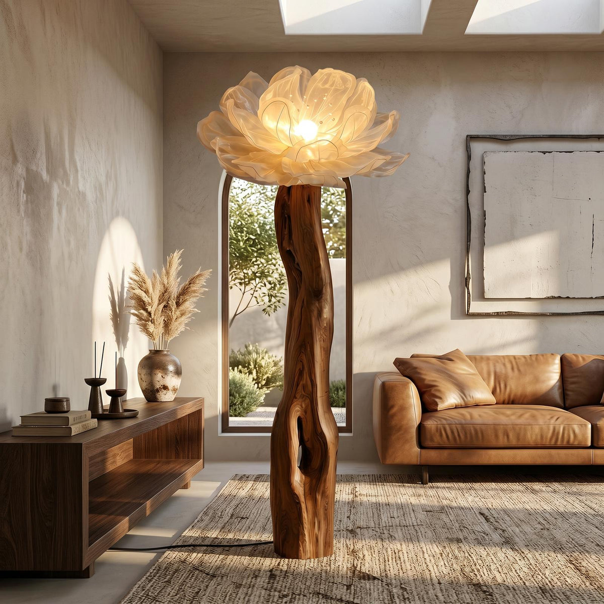Artistic Wood Floor Lamp, Handcrafted Sculptural Flower Arrangement Design Tall Standing Light for Home, Model