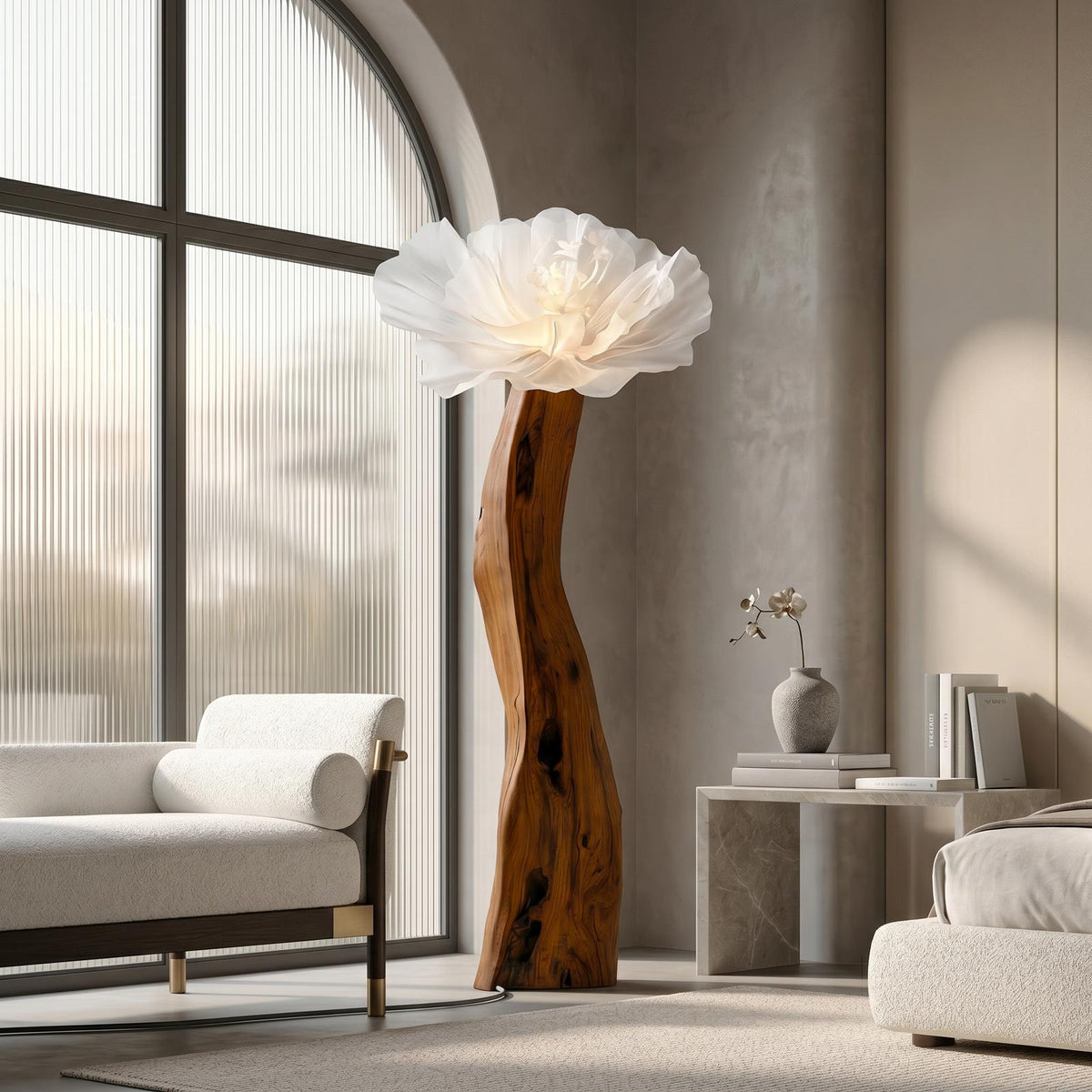 Artistic Flower Floor Lamp Sculptural Wood Base For Living Room