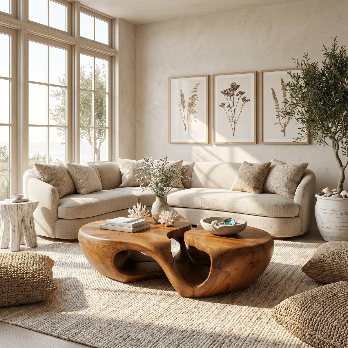 Nature Inspired Coffee Table With Artistic Open Base Design For Living Room