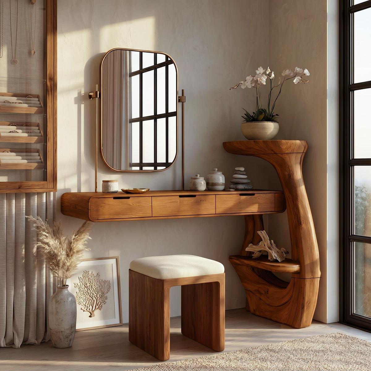 Sculptural Dressing Table With Handcrafted Wood Structure For Bedroom SINLSABDT084