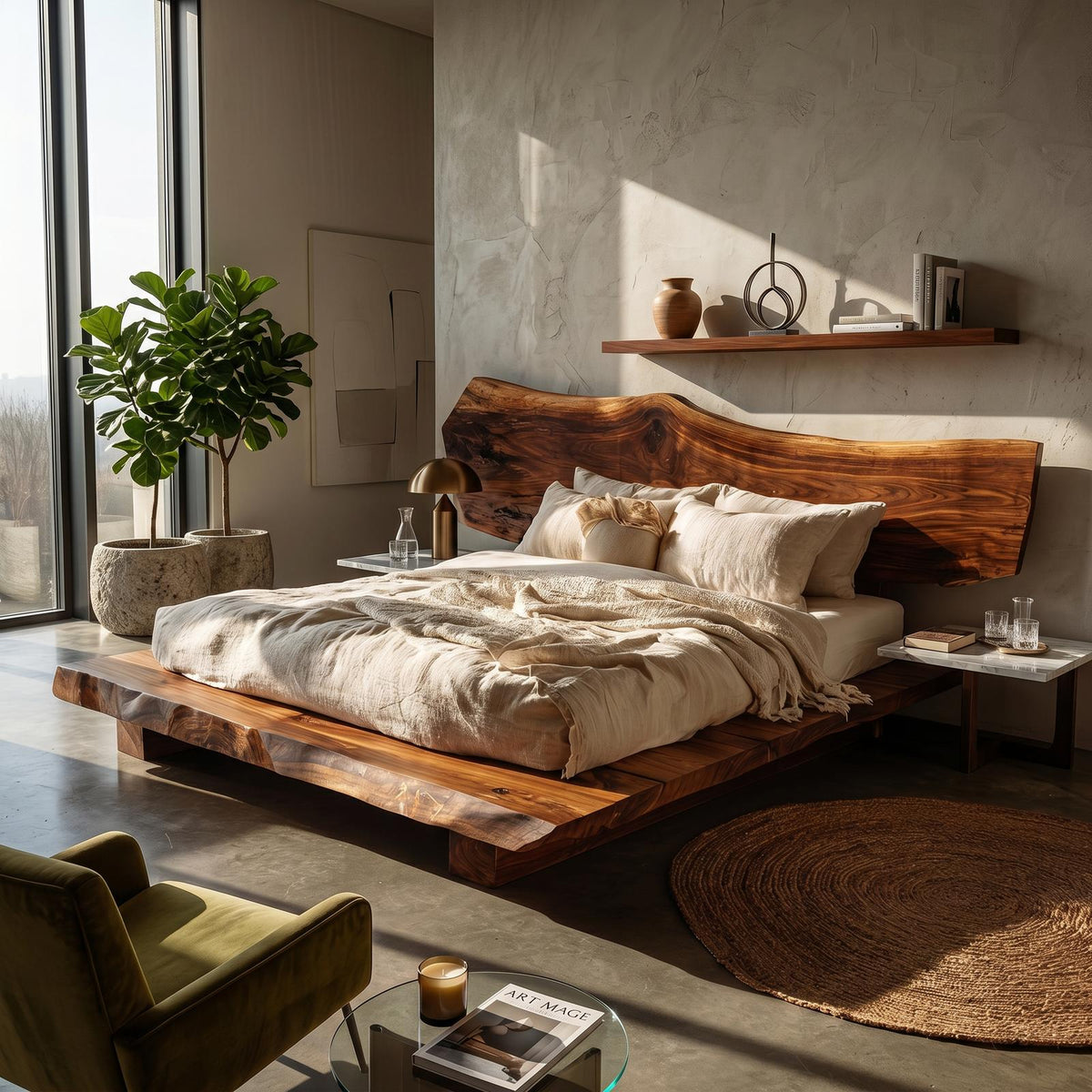 Spry Interior Rustic Bed Frame with Natural Solid Wood Headboard, Handcrafted Low Profile Platform Bed, King Queen Bedroom Furniture, SINLSAWB128