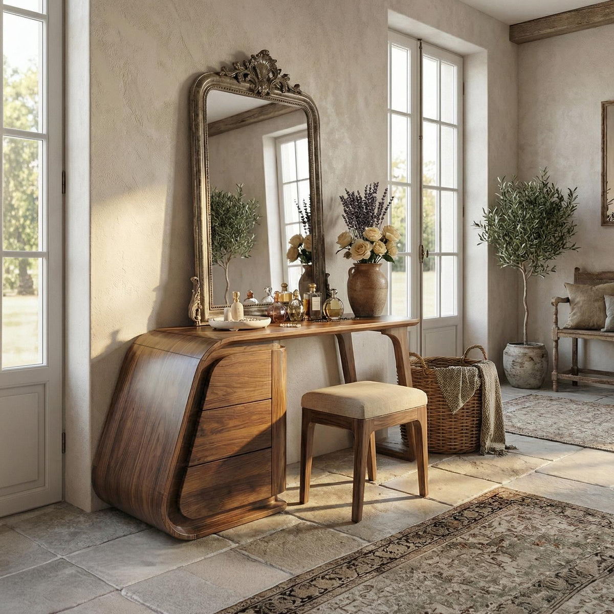 Modern Makeup Vanity Desk with Drawers, Solid Wood Dressing Table, Sleek Contemporary Bedroom Furniture